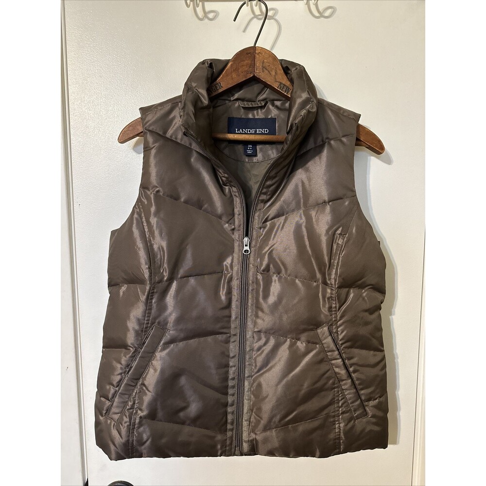 Lands End Goose Down Puffer Vest Brown Full Zip Insulated Womens Size XS/P 2-4